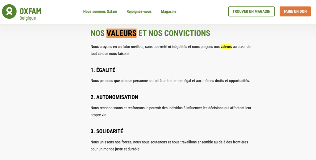 printscreen des valeurs d'Oxfam